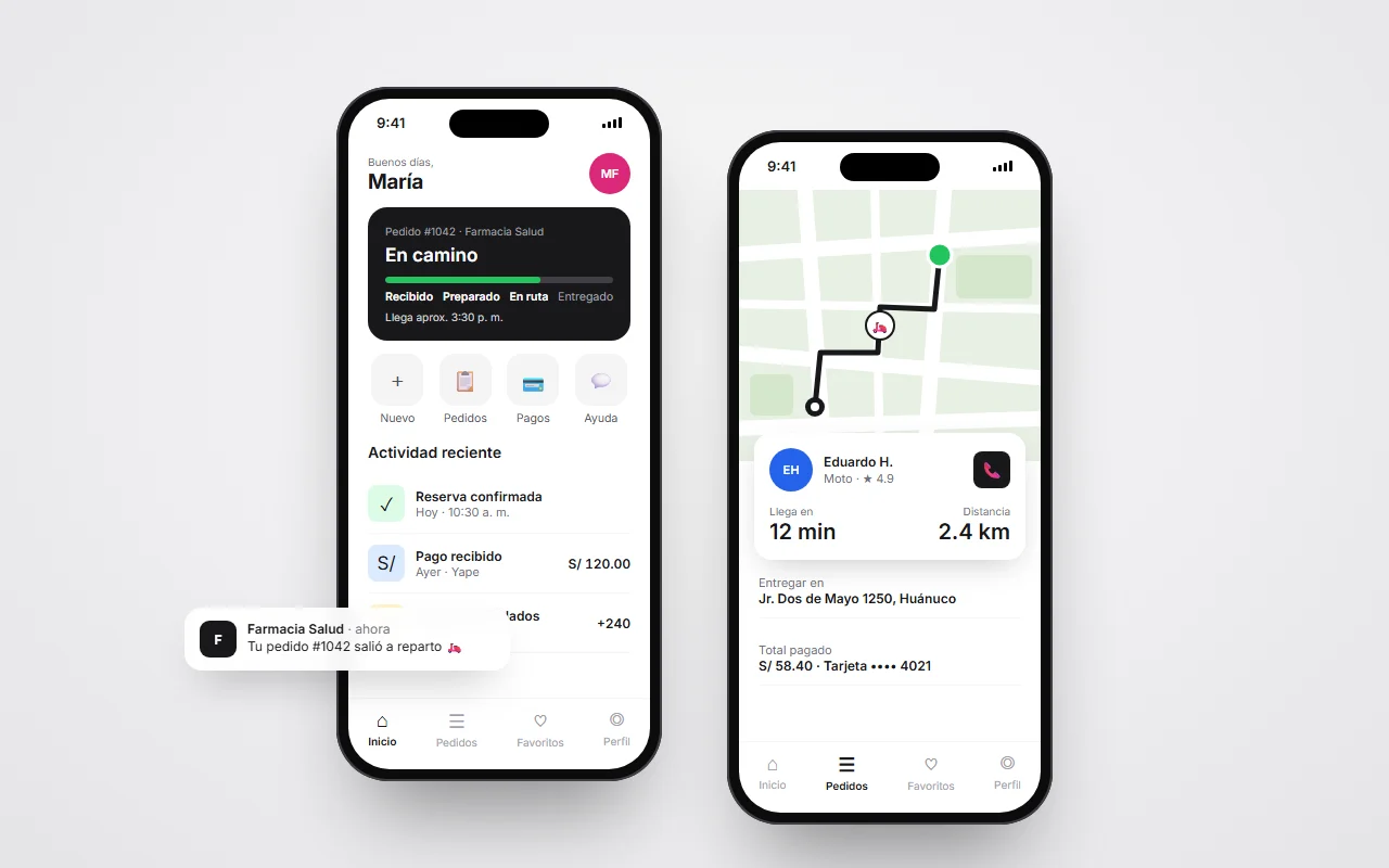 App móvil con seguimiento de pedido y mapa del repartidor