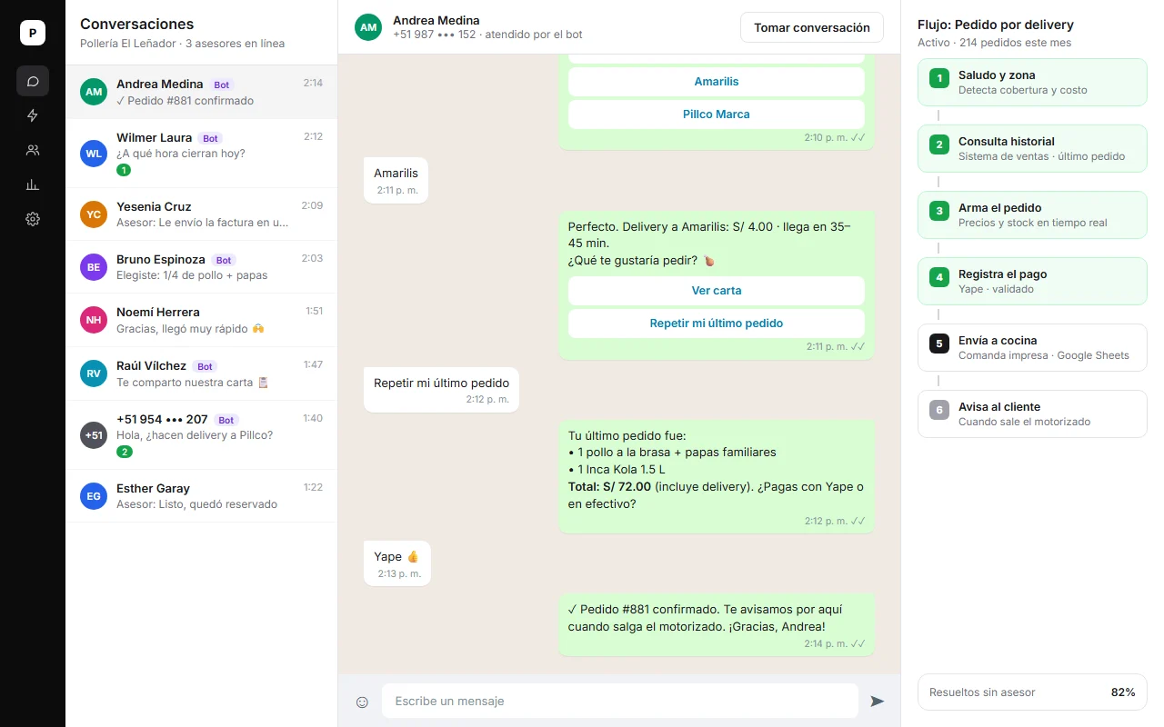 Bandeja de WhatsApp con un bot que toma un pedido de delivery y su flujo automático
