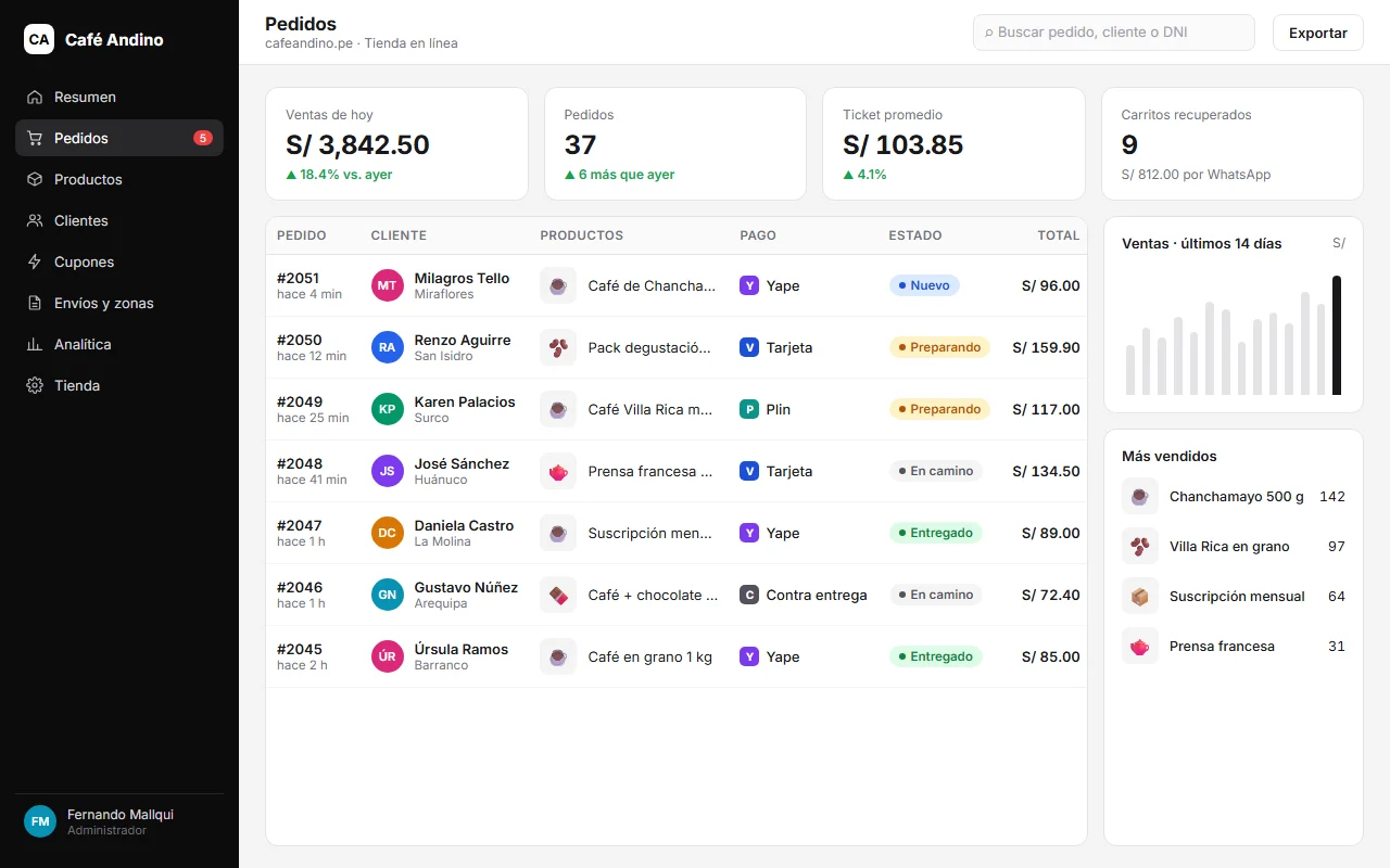 Panel de pedidos de una tienda online con pagos por Yape, Plin y tarjeta